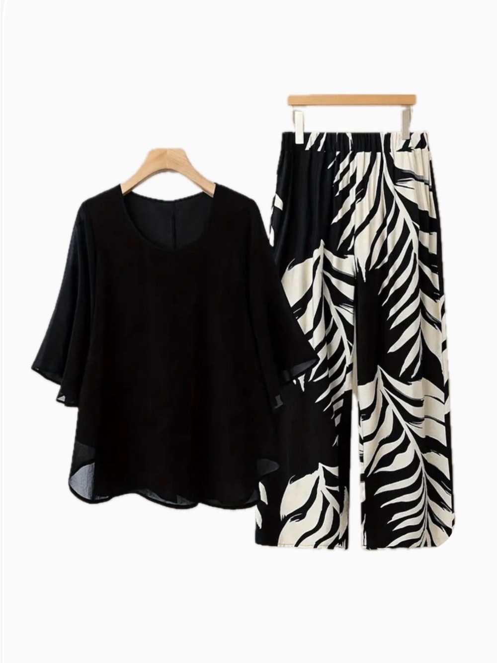Black Chiffon Top & Black-White Printed Wide-Leg Pants Set